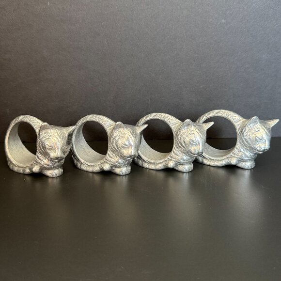Vintage Set Of 4 Cat Shaped Napkin Rings Metal Table Decor Gift Ready - Picture 1 of 8